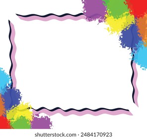 White background with a black and pink wavy frame, colorful paint splatters; ideal for creative designs, art projects, backgrounds, and posters.