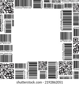 Fondo blanco con elementos de cuadro de código de barras y qr negro