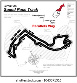 White background with black road circuit and sample text