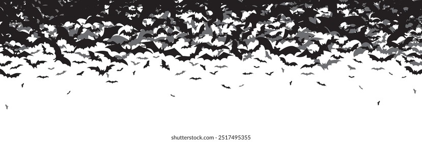 Fundo branco com silhueta preta de bandos de morcegos voadores. Banner de Halloween