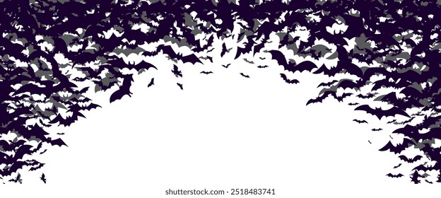 White background with black silhouette of flying bats flock. Halloween banner