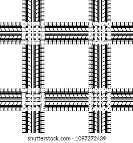 White background with black and white tire track silhouettes