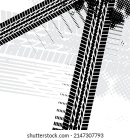 White background with black tire track and design elements. Abstract halftone patterns with tyre marks and place for text