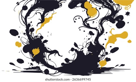 White Background with Black and Yellow Abstract Ink Swirls
