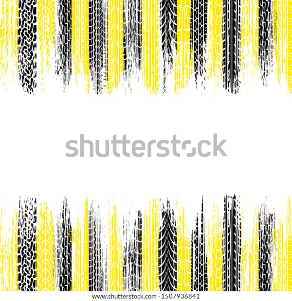 White background with black and yellow tire\
track silhouettes