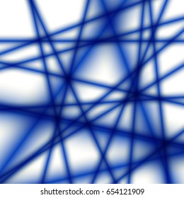 White background with blue blurred lines. Random oriented blue beams on white backdrop. Chaotic rays.