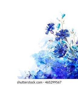 White background with blue cornflowers and buds by abstract elements. Decorative abstraction blots.