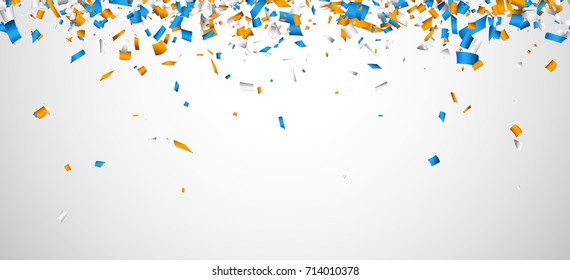 White Background With Blue And Orange Paper Confetti. Vector Illustration.