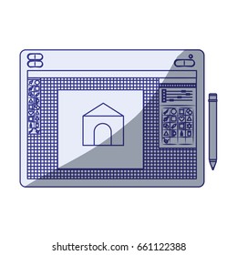 white background with blue shading silhouette of designers graphic table with design of house vector illustration