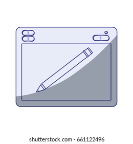 white background with blue shading silhouette of designers graphic table with digital pen vector illustration