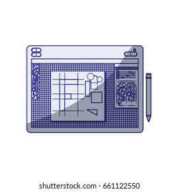 white background with blue shading silhouette of designers graphic table with geometric design vector illustration