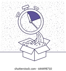 white background with blue silhouette with cardboard box and stopwatch vector illustration