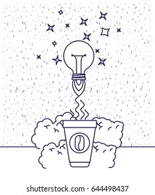 white background with blue silhouette of coffee cup and bulb light flying vector illustration