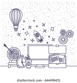 white background with blue silhouette of computer clock space rocket hot air balloon target documents coffee cup pinions vector illustration