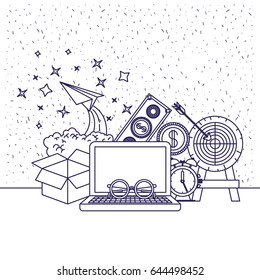 white background with blue silhouette of computer and clock and paper plane and money vector illustration