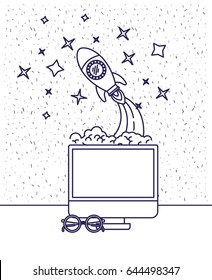 white background with blue silhouette with desktop computer and space rocket and glasses vector illustration