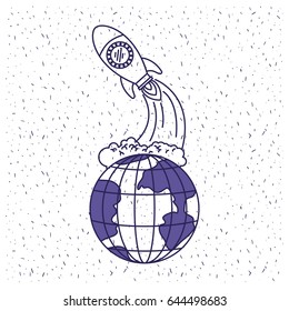 white background with blue silhouette earth globe and space rocket launching vector illustration