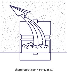 white background with blue silhouette with executive briefcase and paper plane vector illustration