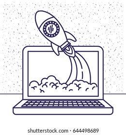 white background with blue silhouette with laptop computer and space rocket vector illustration