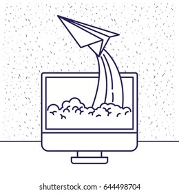 white background with blue silhouette with lcd monitor and paper plane vector illustration