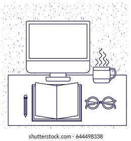 white background with blue silhouette of office desk with computer book and glasses and pencil and coffee cup vector illustration