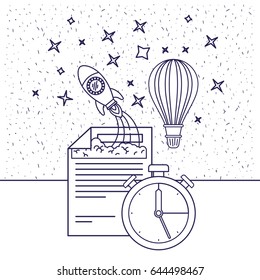 white background with blue silhouette of space rocket and hot air balloon and clock vector illustration