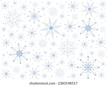 Fondo blanco con copos de nieve azules. Ilustración vectorial para volantes, pancartas, tarjetas, carteles, diseño. Navidad y Año Nuevo.