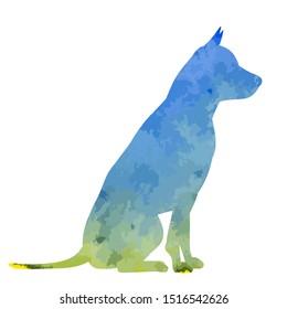 white background, blue watercolor dog silhouette