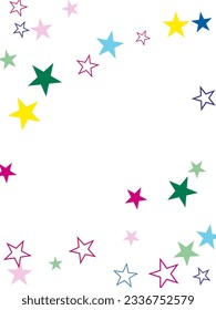 White background with blue, yellow and brown stars. Festive colorful star confetti background.