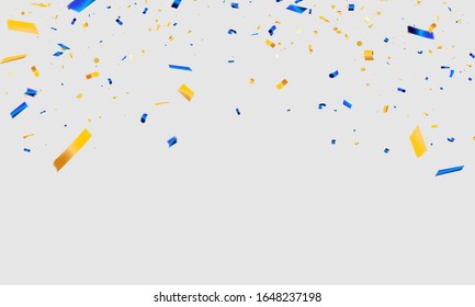 White background with blue and Yellow confetti Celebration carnival ribbons. luxury greeting rich card.