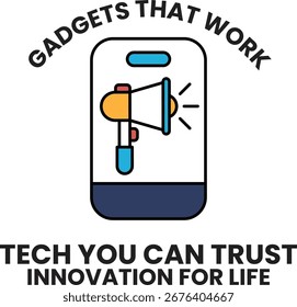 Un fondo blanco con un megáfono azul y amarillo. El megáfono está en un teléfono. El texto dice "Gadgets que funcionan"