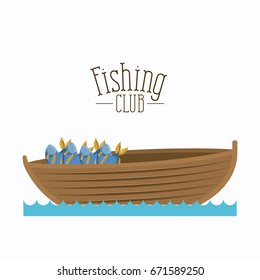 white background boat with bucket full of fish and text logo fishing club vector illustration