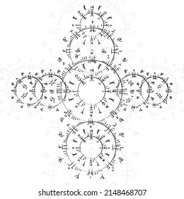 White background with boho black abstract circle symbols. Scandinavian signs of viking culture. Norse Europe magic pattern wallpaper