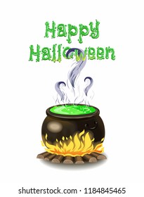 White background with boiler and green potion.Invitation card for halloween party.Fire with a pot.The cauldron with potion.Design of Invitation card for festival.Symbol of witch.