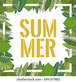 white background with border decorative green leaves and summer text inside