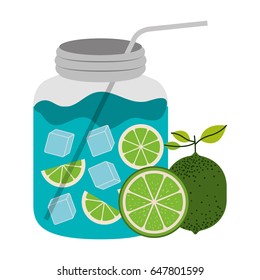 white background with bottle of citrus drink and lemon fruits vector illustration