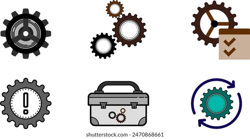 a white background with a box that has gears and gears on it.