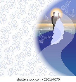 White background with bridegroom, bride, pigeons, sea, sun and sunrise in semicircular window 