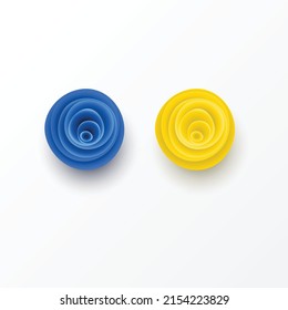White background with bright yellow and blue abstract rose flowers. Abstract top view floral holiday frame background. Greeting party decoration. Gift cart with flowers and place for text