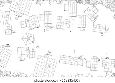 Um fundo branco com muitos edifícios espalhados. Os prédios são de tamanhos e formas diferentes. Vista superior
