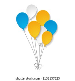 white background with a bunch of blue, white and yellow paper balloons