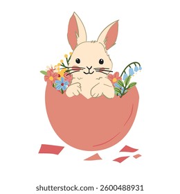White background with a bunny in a broken pink egg, surrounded by colorful flowers and shell pieces, perfect for Easter crafts.