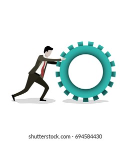 white background with businessman pushing a big gear cogwheel vector illustration