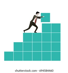 white background with businessman pushing a block in structure of bricks vector illustration