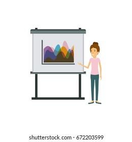 white background with businesswoman with collected hair making presentation vector illustration