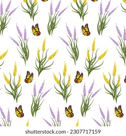 White background with butterflies and flowers.Vector seamless pattern with bright butterflies and flowers on a white background.