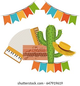 white background with cactus and hat and accordion in festa junina vector illustration