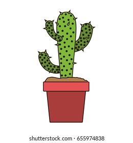 white background with cactus of three branch in pot with thick contour vector illustration