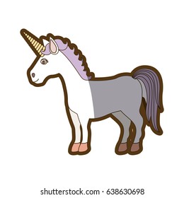 white background with caricature unicorn standing and purple mane and thick contour vector illustration
