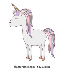 white background with cartoon unicorn standing with closed eyes and rainbow mane vector illustration